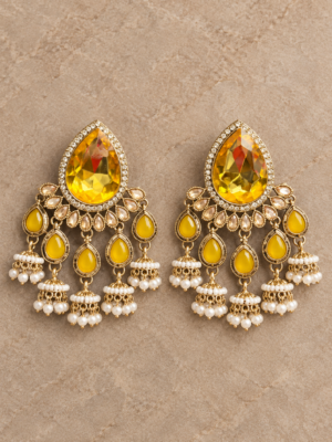 Kamya yellow stone jhumka earrings with cascading teardrop drops