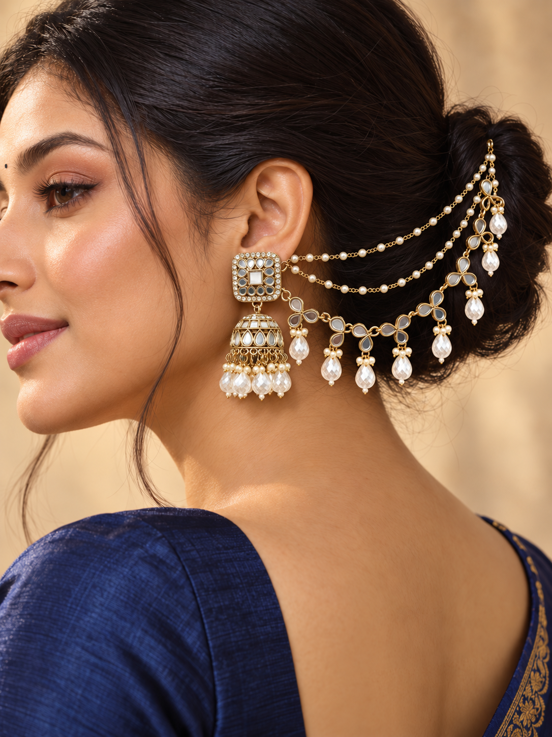 Harshita mirror Kundan jhumka earrings with kaan chains