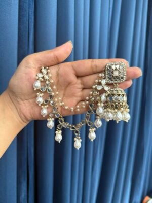 Harshita Mirror Kundan Jhumka with Kaan chain
