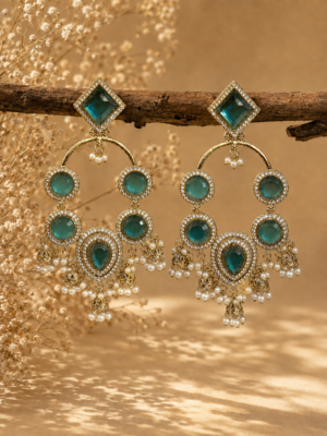 Esha Long Kundan Earrings Teal Green