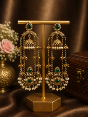 Jassi Kashmiri Long Ghungroo Earrings with Pearl Drops - Dark Green