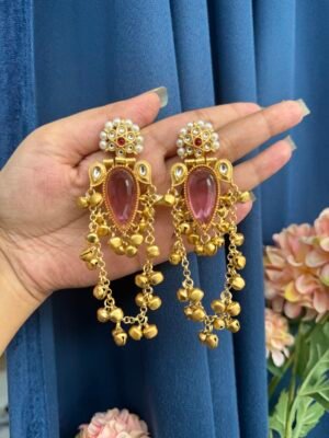 Kashmiri Stone Ghungru Earrings – Mauve