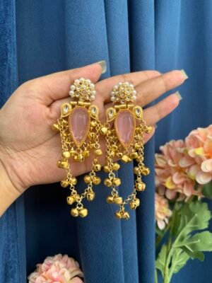 Kashmiri Stone Ghungru Earrings – Light Pink