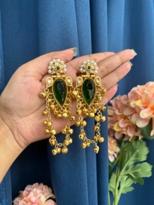 Kashmiri Stone Ghungru Earrings – Dark Green