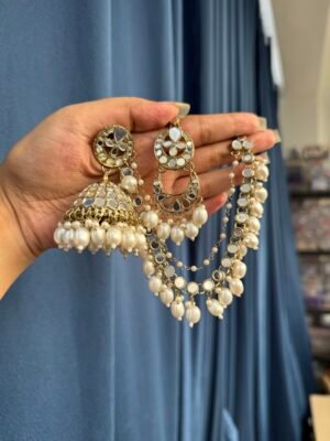 Sharanya Premium Mirror Earrings with Kaan Chain – White