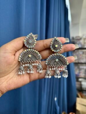 Triple Jhumka Oxidised Long Earrings
