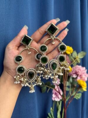 Esha Long Kundan Earrings – Dark Green
