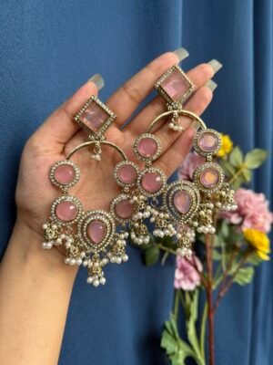 Esha Long Kundan Earrings – Light Pink