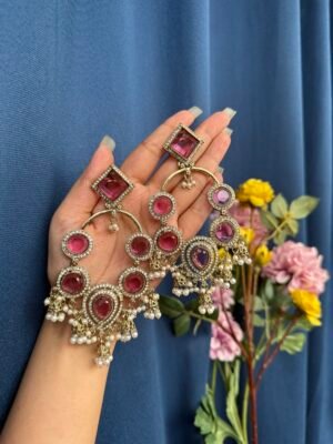 Esha Long Kundan Earrings – Dark Pink