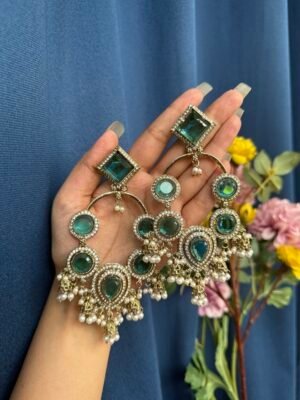 Esha Long Kundan Earrings – Teal Green