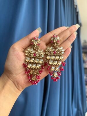 Akhila Golden Stone Kundan Earrings – Dark Pink