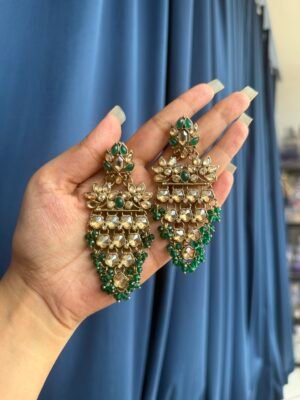 Akhila Golden Stone Kundan Earrings – Dark Green