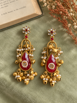 Gulmohar ruby Kashmiri earrings with gold-toned floral detailing and clustered hanging accents