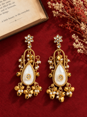 Gulmohar white Kashmiri earrings with gold-toned floral detailing and clustered hanging accents