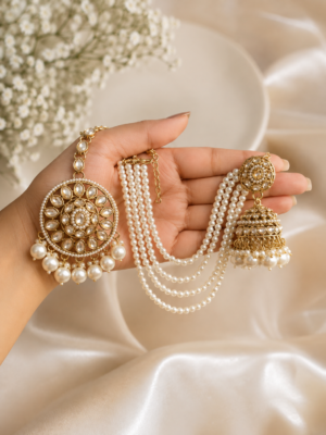 Zarina Bridal Kundan Pearl Earrings with Kaan Chain & Maang Tikka