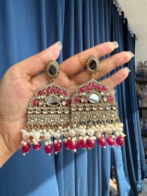 Sarah Kundan Earrings – Dark Pink