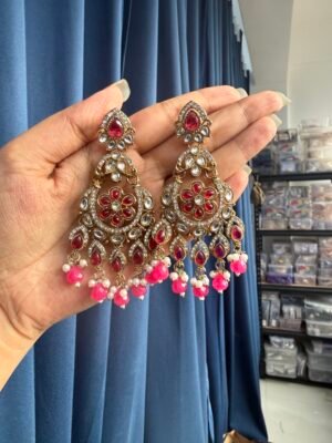 Yuvika Premium Chandbali Earrings – Dark Pink