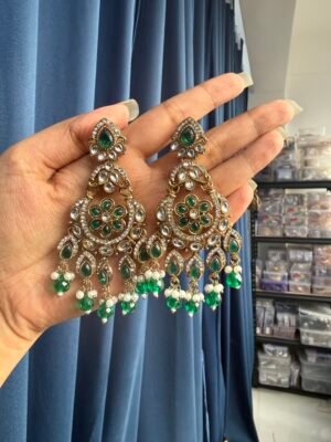 Yuvika Premium Chandbali Earrings – Dark Green