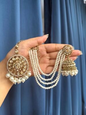 Zarina Pearl Kundan Earrings with Kaan Chain and  Mangtika