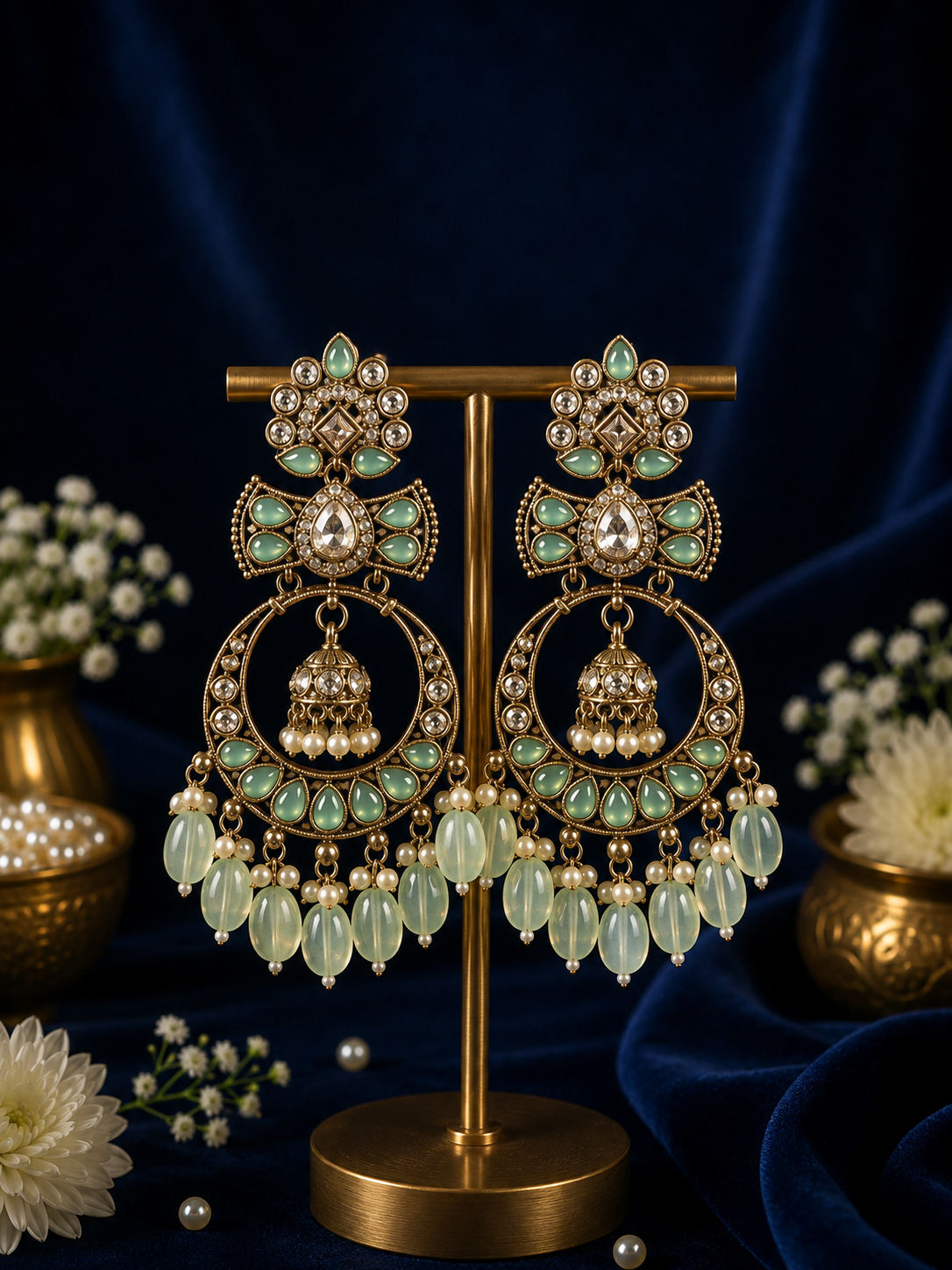 Anchal Kundan Earrings - Mint Green