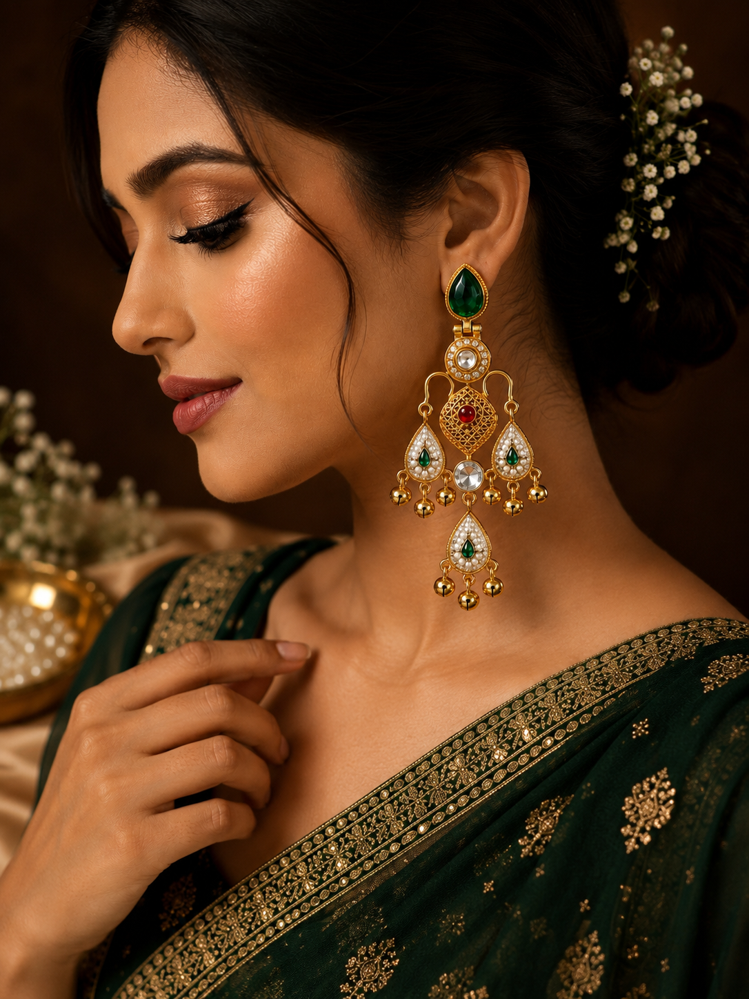 Ziya Kashmiri Chandbali Earrings - Dark Green - Image 2