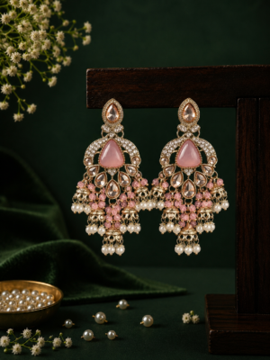 Nikita Kundan Earrings with Crystal Danglers – Light Pink