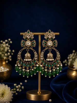 Anchal Kundan Earrings – Dark Green