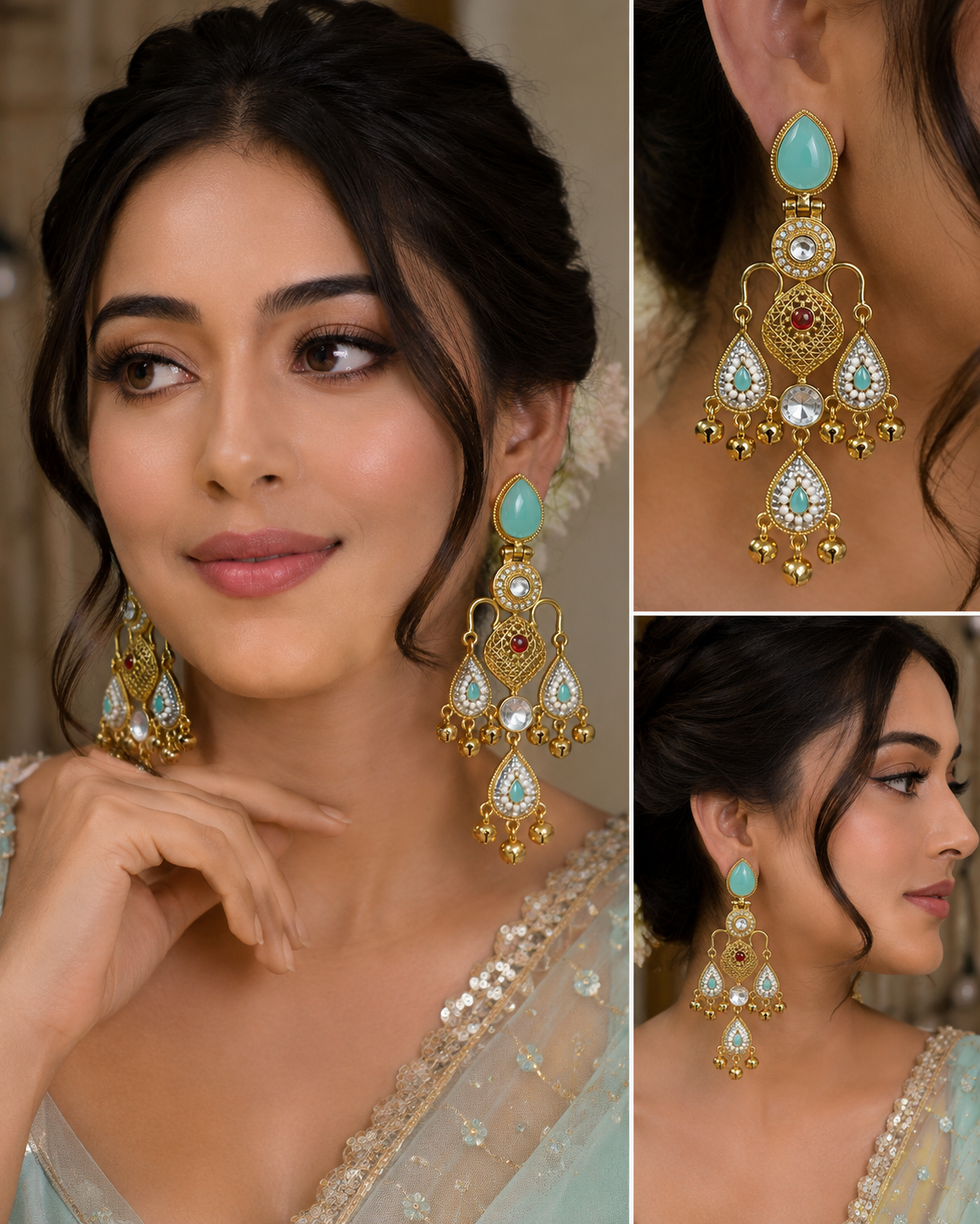 Ziya Kashmiri Chandbali Earrings - Light Blue - Image 2