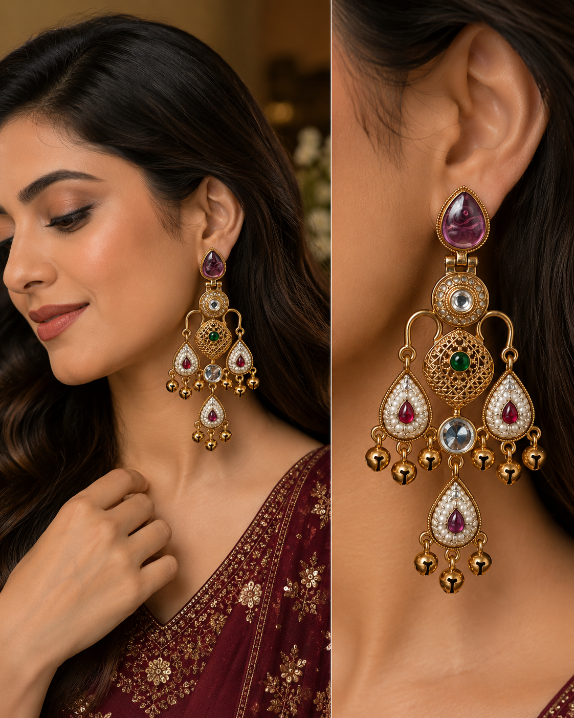 Ziya Kashmiri Chandbali Earrings - Purple - Image 2