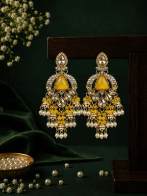 Nikita Kundan Earrings with Crystal Danglers – Yellow