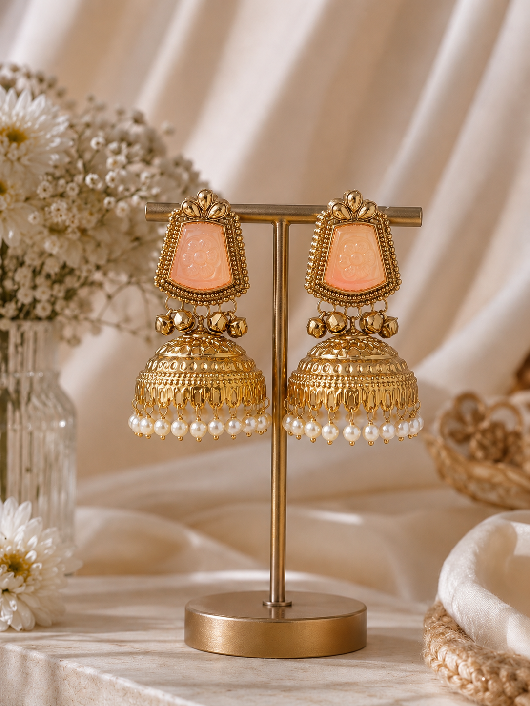 Anvika Kashmiri Jhumka Earrings - Peach