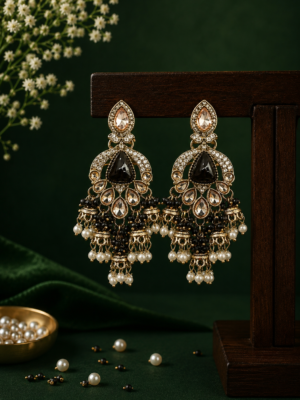Nikita Kundan Earrings with Crystal Danglers – Black