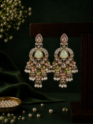 Nikita Kundan Earrings with Crystal Danglers – Mint Pink