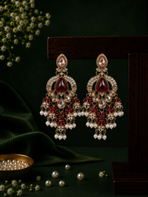 Nikita Kundan Earrings with Crystal Danglers – Red