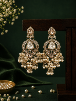 Nikita Kundan Earrings with Crystal Danglers – White