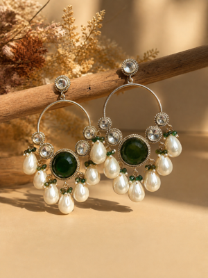 Pari Kundan Pearl Chandbali Earrings for Women Dark Green