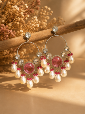 Pari Kundan Pearl Chandbali Earrings for Women Dark Pink