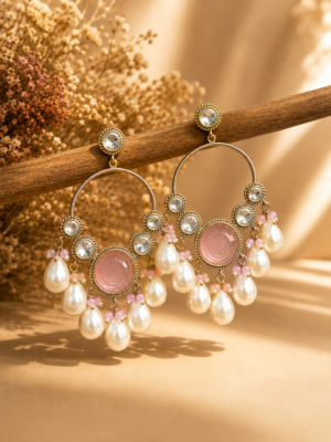 Pari Kundan Pearl Chandbali Earrings for Women Light Pink