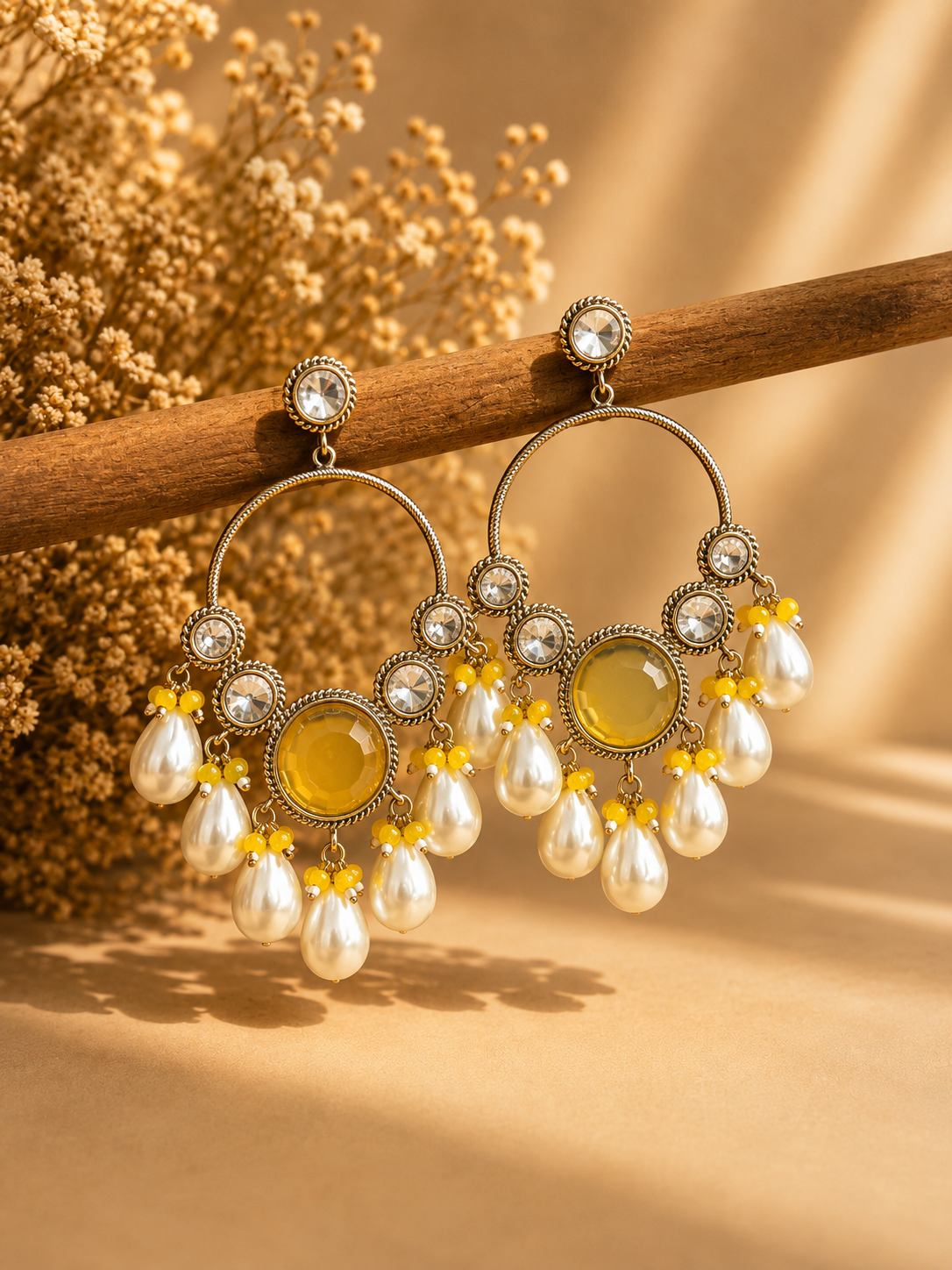 Pari Kundan Pearl Chandbali Earrings for Women Yellow