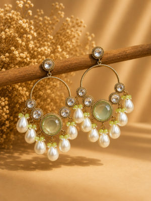 Pari Kundan Pearl Chandbali Earrings for Women Mint Green