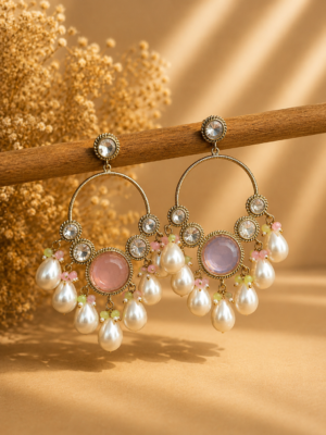 Pari Kundan Pearl Chandbali Earrings for Women Mint Pink