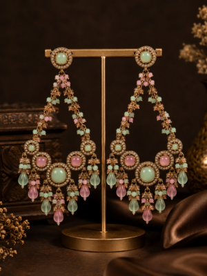 Noori Antique Golden Kundan Chandbali Earrings on Jewellery Stand