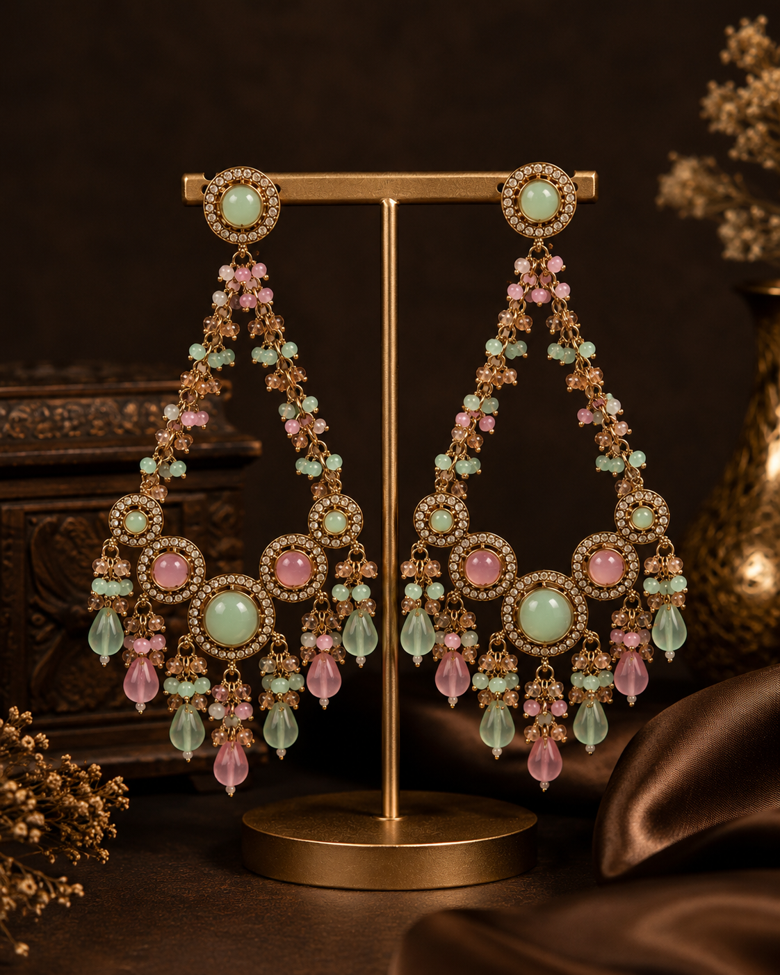 Noori Antique Golden Kundan Chandbali Earrings on Jewellery Stand