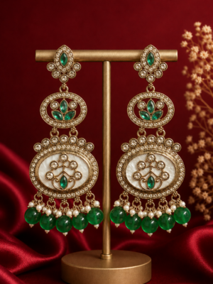 Roshni Dark Green Long Kundan Dangler Earrings for Women
