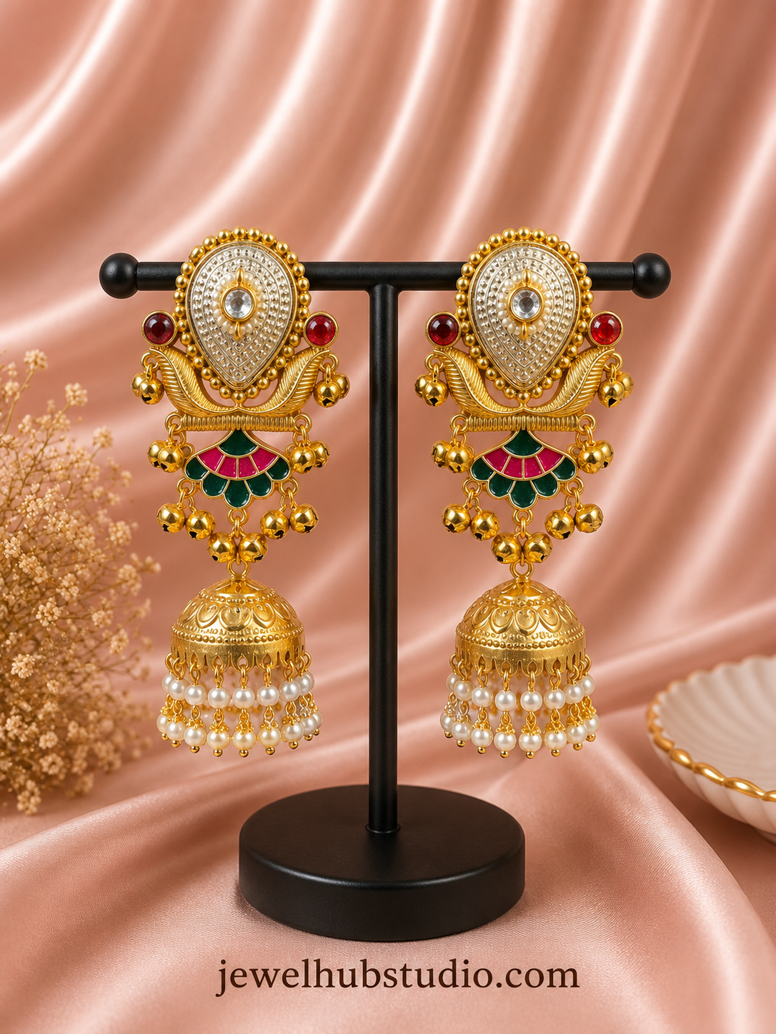 Vanya Heritage Jhumka Earrings Dark Green Pink