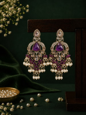 Nikita Kundan Earrings with Crystal Danglers – Purple