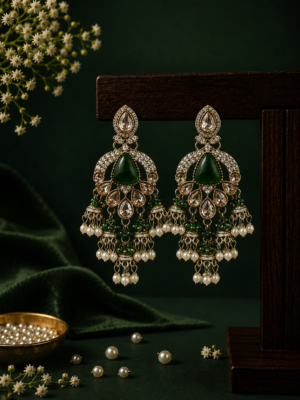 Nikita Kundan Earrings with Crystal Danglers – Dark Green