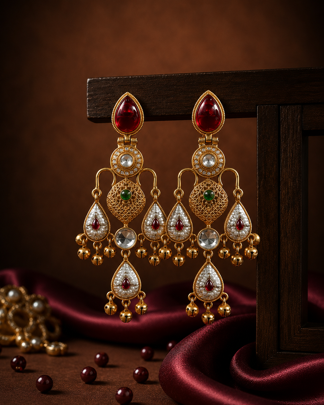 Ziya Kashmiri Chandbali Earrings - Ruby
