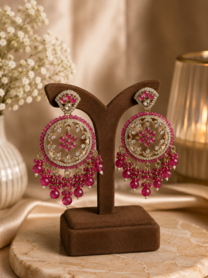 Tina Golden Chandbali Earrings - Dark Pink