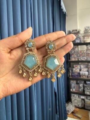 Neetu Premium Kundan Earrings – Light Blue